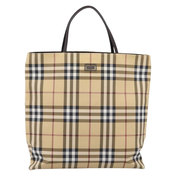 BURBERRY Nova Check Hand Bag PVC Leather Beige Silver Auth ka6453