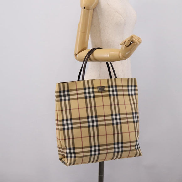BURBERRY Nova Check Hand Bag PVC Leather Beige Silver Auth ka6453