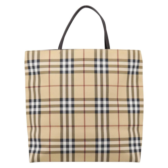 BURBERRY Nova Check Hand Bag PVC Leather Beige Silver Auth ka6453