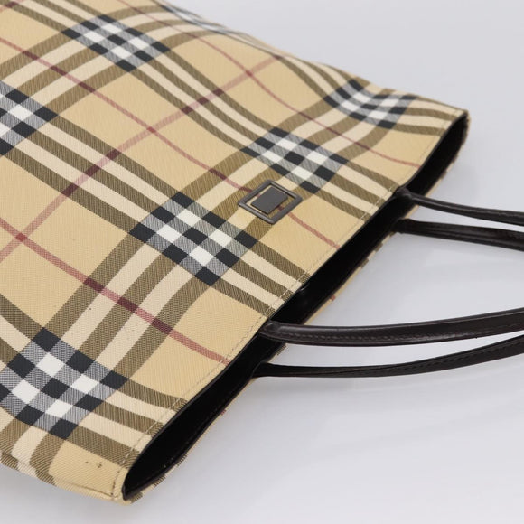 BURBERRY Nova Check Hand Bag PVC Leather Beige Silver Auth ka6453