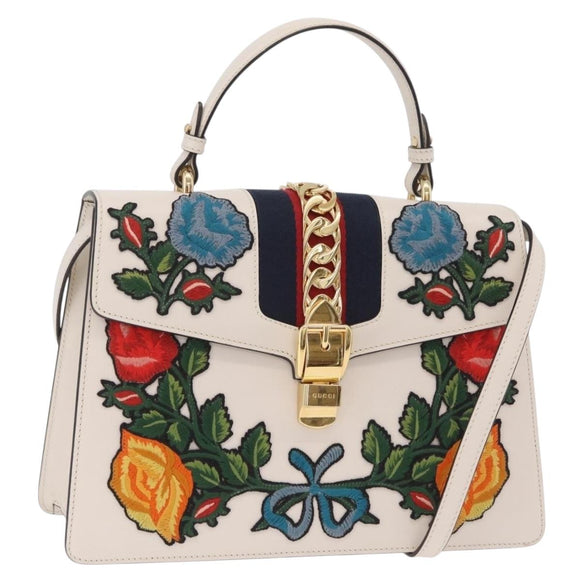 GUCCI Sylvie Sherry Line Hand Bag Leather 2way White Gold Tone Auth ka6465V