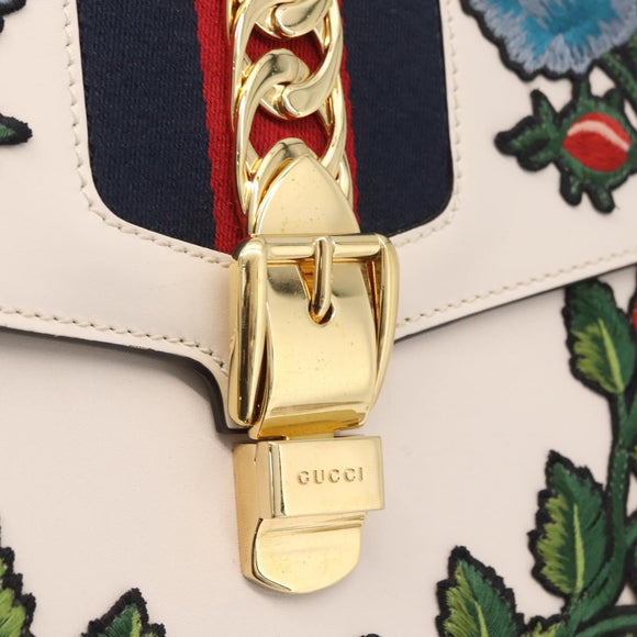 GUCCI Sylvie Sherry Line Hand Bag Leather 2way White Gold Tone Auth ka6465V