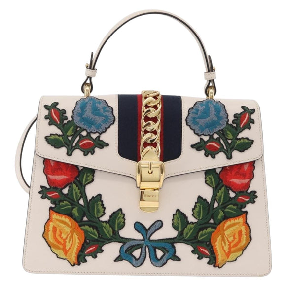 GUCCI Sylvie Sherry Line Hand Bag Leather 2way White Gold Tone Auth ka6465V
