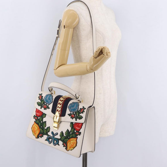 GUCCI Sylvie Sherry Line Hand Bag Leather 2way White Gold Tone Auth ka6465V