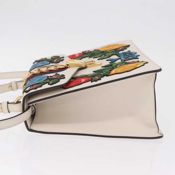 GUCCI Sylvie Sherry Line Hand Bag Leather 2way White Gold Tone Auth ka6465V