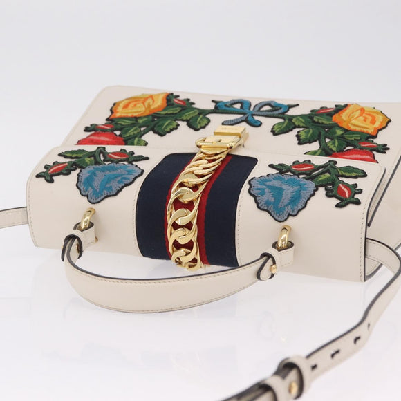 GUCCI Sylvie Sherry Line Hand Bag Leather 2way White Gold Tone Auth ka6465V