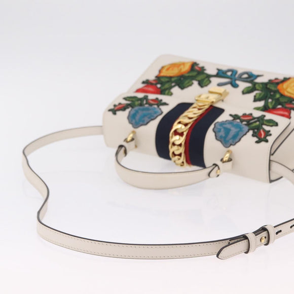 GUCCI Sylvie Sherry Line Hand Bag Leather 2way White Gold Tone Auth ka6465V