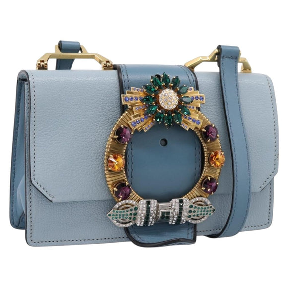 Miu Miu Madras Shoulder Bag Leather Light Blue Gold Tone Auth ka6472V