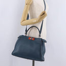 FENDI Peek A Boo Hand Bag Leather 2way Blue Silver 8BN290 Auth ka6482V-30