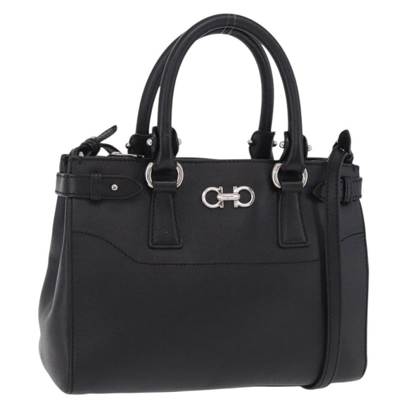 Salvatore Ferragamo Gancini Hand Bag Leather 2way Black Silver Auth ka6483A