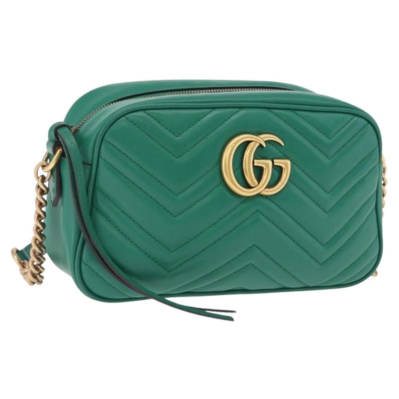 GUCCI GG Marmont Chain Shoulder Bag Leather Green Gold Tone 447632 Auth ka6487V