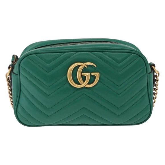 GUCCI GG Marmont Chain Shoulder Bag Leather Green Gold Tone 447632 Auth ka6487V