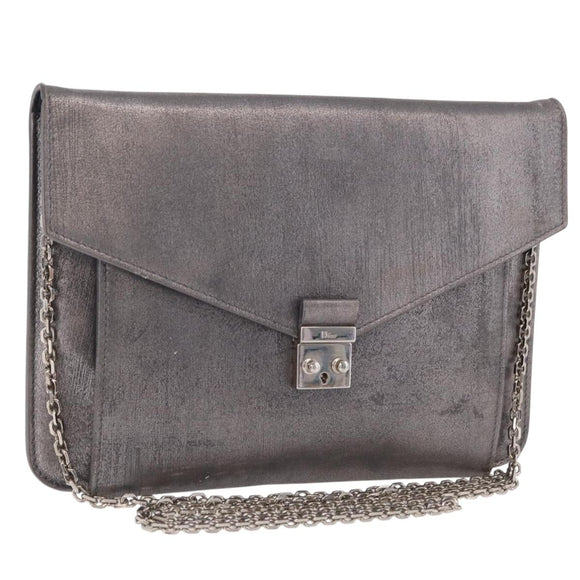 Christian Dior Chain Shoulder Bag Leather Silver Auth ka6506