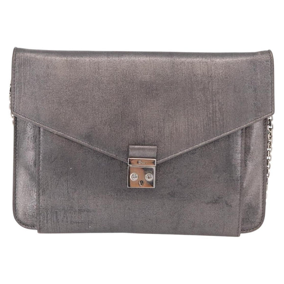 Christian Dior Chain Shoulder Bag Leather Silver Auth ka6506