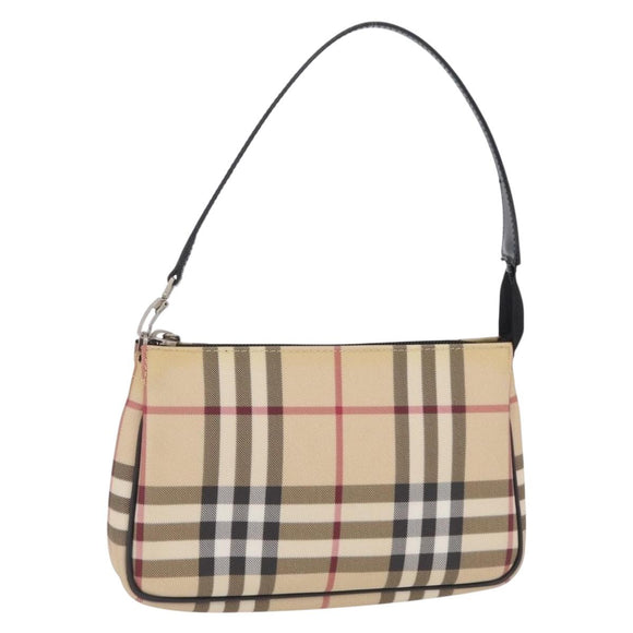 BURBERRY Nova Check Hand Bag PVC Leather Beige Silver Auth ka6510A