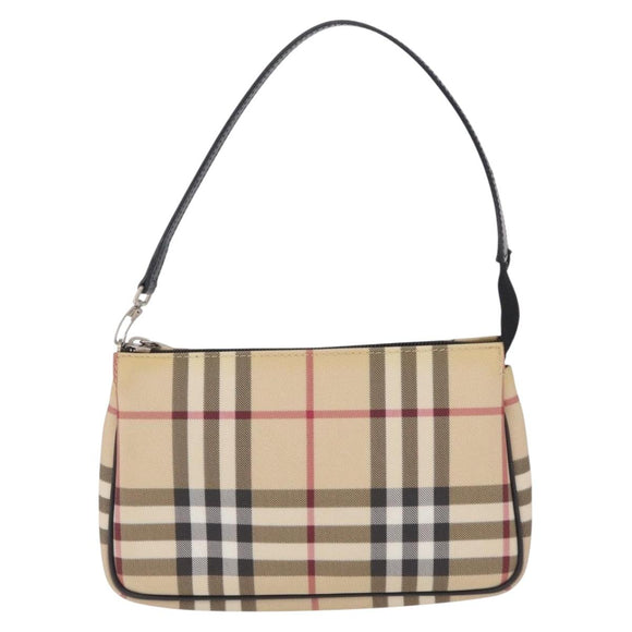 BURBERRY Nova Check Hand Bag PVC Leather Beige Silver Auth ka6510A