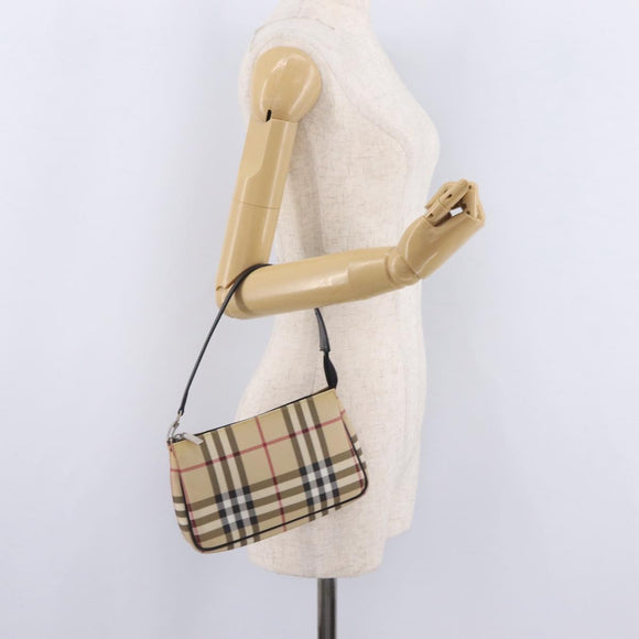 BURBERRY Nova Check Hand Bag PVC Leather Beige Silver Auth ka6510A