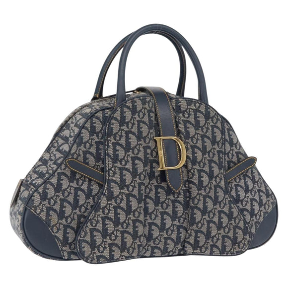 Christian Dior Trotter Canvas Double Saddle Hand Bag Navy Gold Tone Auth ka6525A