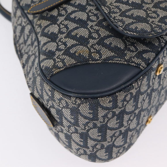 Christian Dior Trotter Canvas Double Saddle Hand Bag Navy Gold Tone Auth ka6525A
