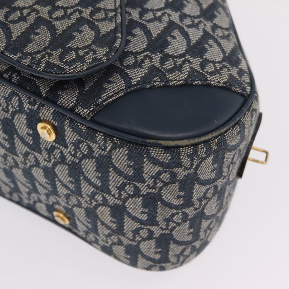 Christian Dior Trotter Canvas Double Saddle Hand Bag Navy Gold Tone Auth ka6525A