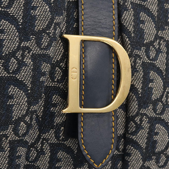Christian Dior Trotter Canvas Double Saddle Hand Bag Navy Gold Tone Auth ka6525A