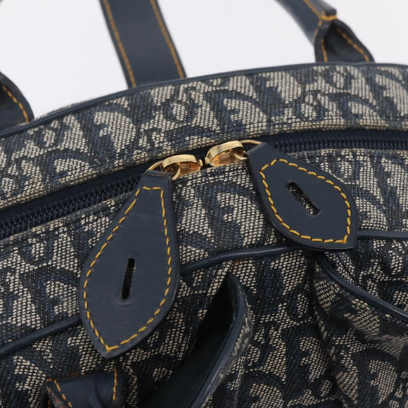 Christian Dior Trotter Canvas Double Saddle Hand Bag Navy Gold Tone Auth ka6525A