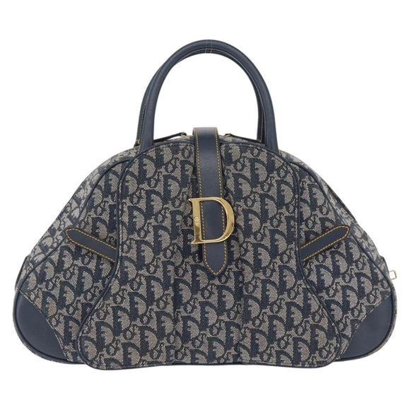 Christian Dior Trotter Canvas Double Saddle Hand Bag Navy Gold Tone Auth ka6525A