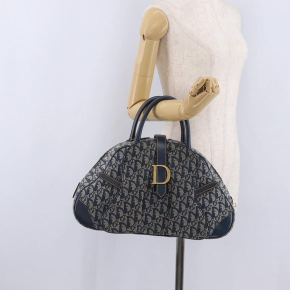Christian Dior Trotter Canvas Double Saddle Hand Bag Navy Gold Tone Auth ka6525A