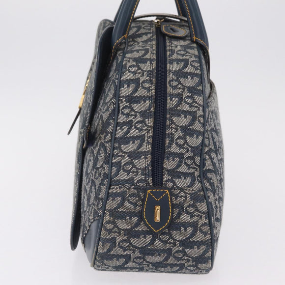 Christian Dior Trotter Canvas Double Saddle Hand Bag Navy Gold Tone Auth ka6525A