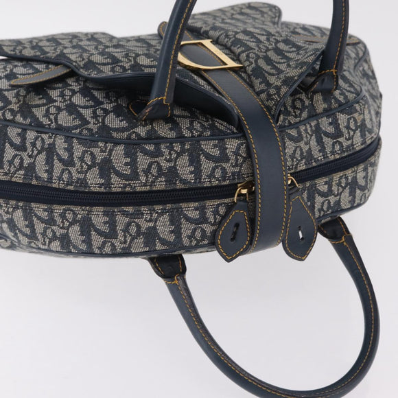 Christian Dior Trotter Canvas Double Saddle Hand Bag Navy Gold Tone Auth ka6525A