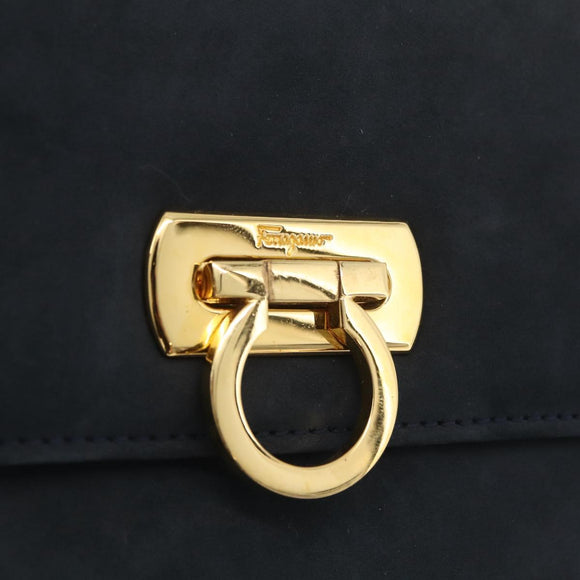 Salvatore Ferragamo Gancini Shoulder Bag Suede Navy Gold Tone Auth ka6530A