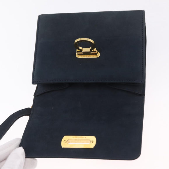 Salvatore Ferragamo Gancini Shoulder Bag Suede Navy Gold Tone Auth ka6530A