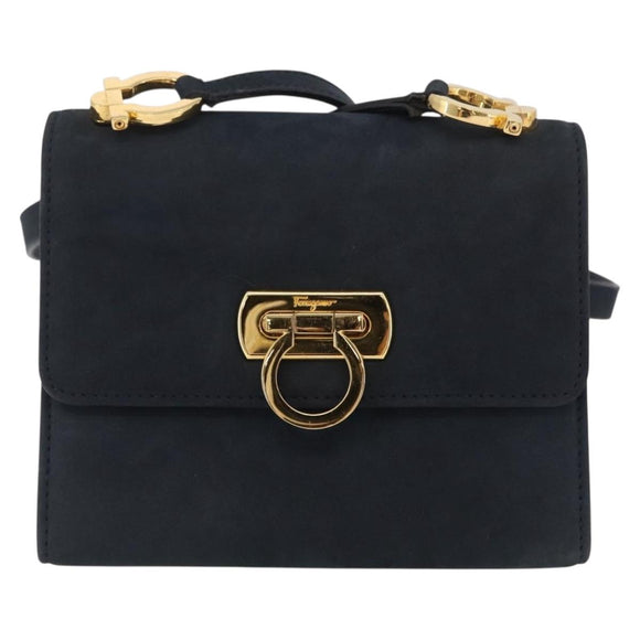 Salvatore Ferragamo Gancini Shoulder Bag Suede Navy Gold Tone Auth ka6530A