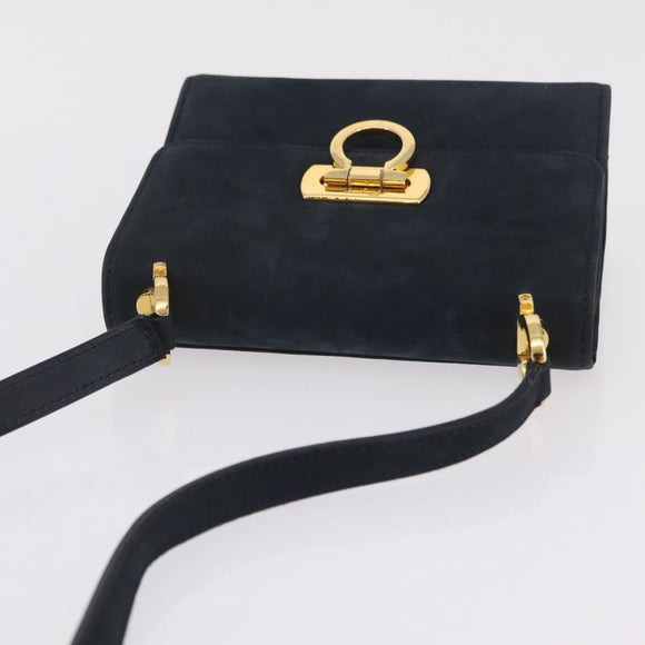 Salvatore Ferragamo Gancini Shoulder Bag Suede Navy Gold Tone Auth ka6530A