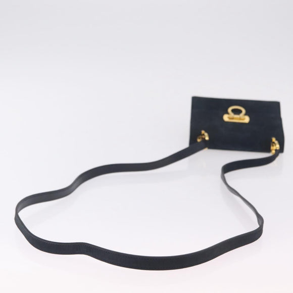 Salvatore Ferragamo Gancini Shoulder Bag Suede Navy Gold Tone Auth ka6530A