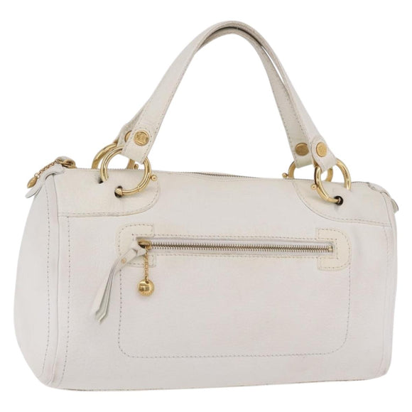 CELINE Hand Bag Leather White Gold Tone Auth ka6534A