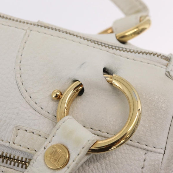 CELINE Hand Bag Leather White Gold Tone Auth ka6534A