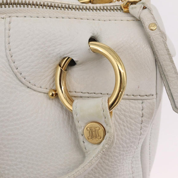 CELINE Hand Bag Leather White Gold Tone Auth ka6534A