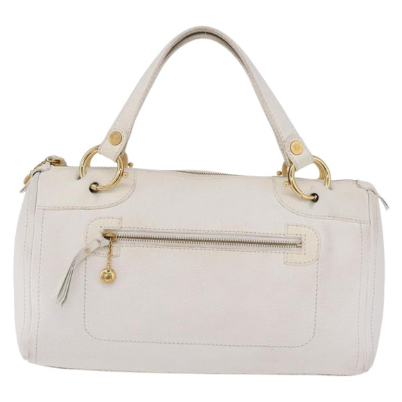 CELINE Hand Bag Leather White Gold Tone Auth ka6534A