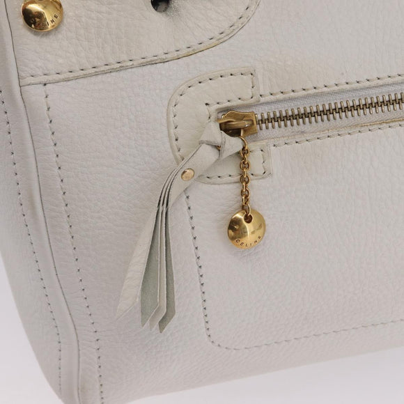 CELINE Hand Bag Leather White Gold Tone Auth ka6534A