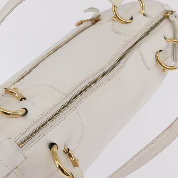 CELINE Hand Bag Leather White Gold Tone Auth ka6534A