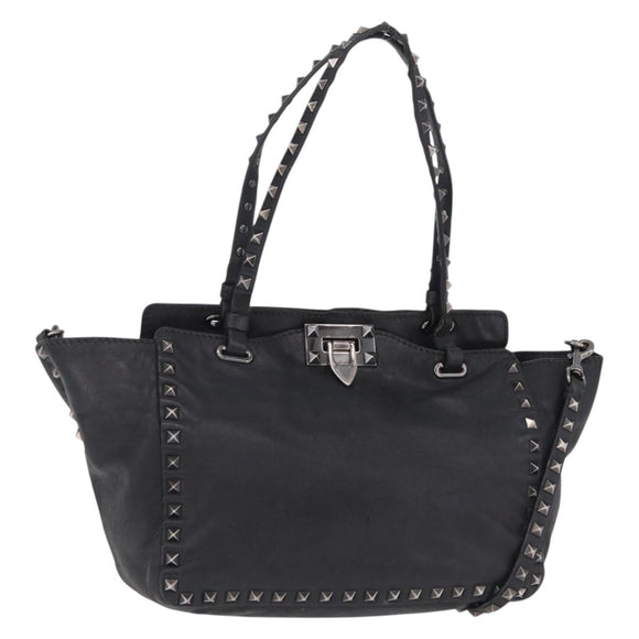 Valentino Studs Hand Bag Leather 2way Black Silver Auth ka6536