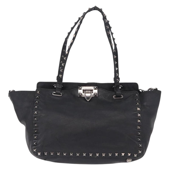 Valentino Studs Hand Bag Leather 2way Black Silver Auth ka6536