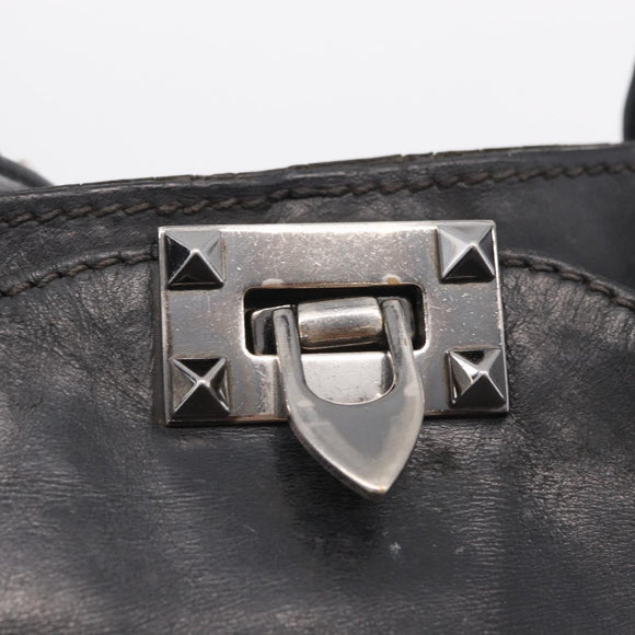 Valentino Studs Hand Bag Leather 2way Black Silver Auth ka6536