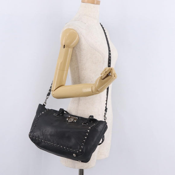 Valentino Studs Hand Bag Leather 2way Black Silver Auth ka6536