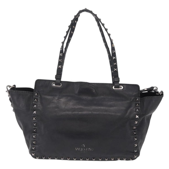 Valentino Studs Hand Bag Leather 2way Black Silver Auth ka6536