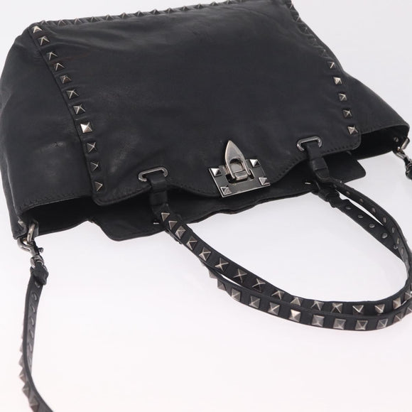 Valentino Studs Hand Bag Leather 2way Black Silver Auth ka6536