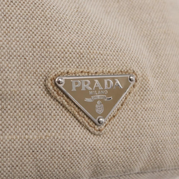 PRADA Canapa MM Hand Bag Canvas Beige Silver Auth ka6542