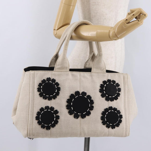 PRADA Canapa MM Hand Bag Canvas Beige Silver Auth ka6542