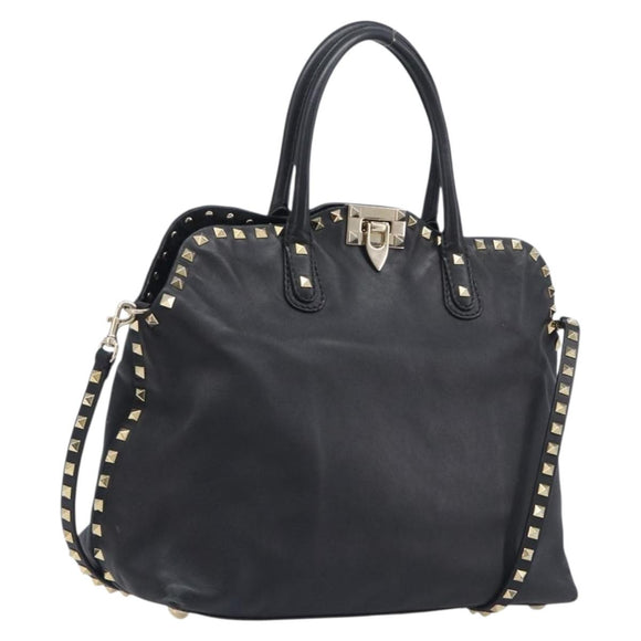 Valentino Rock Studs Hand Bag Leather 2way Black Gold Auth ka6562